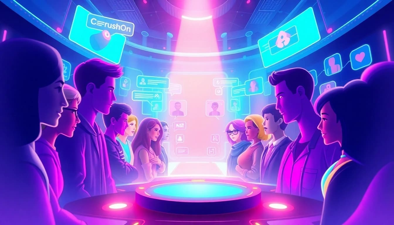 Explore the CrushOn AI platform featuring diverse avatars and futuristic chat interface.