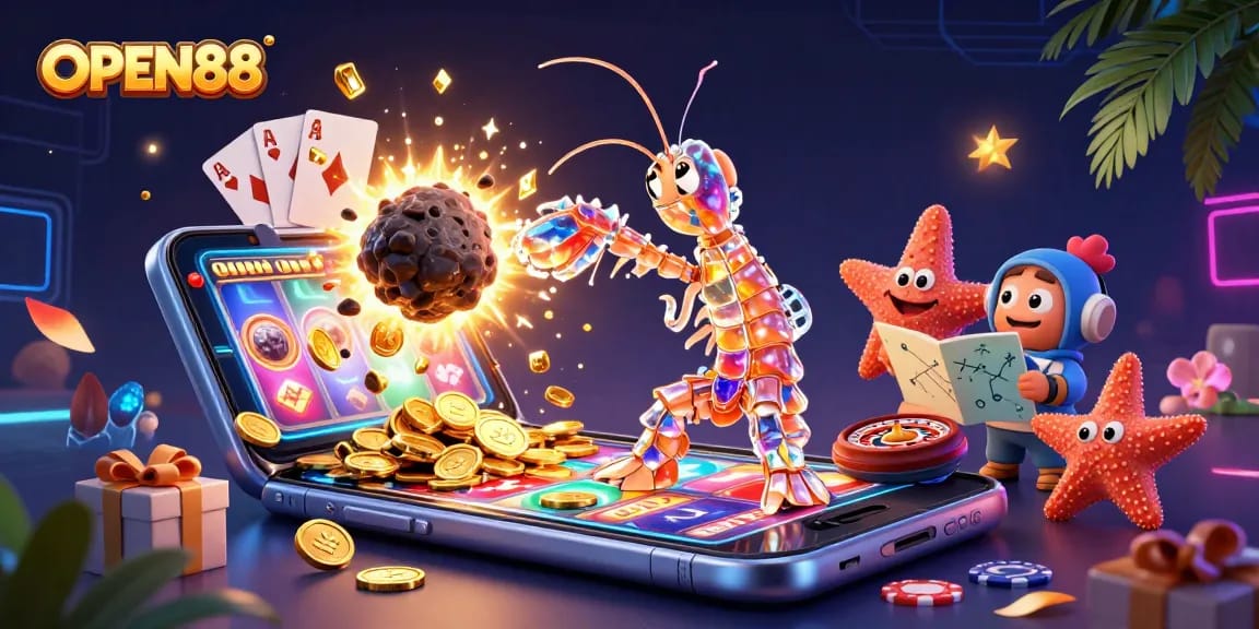 Experience exciting gameplay at OPEN88 with a vibrant illustration featuring galactic characters enjoying slot games.