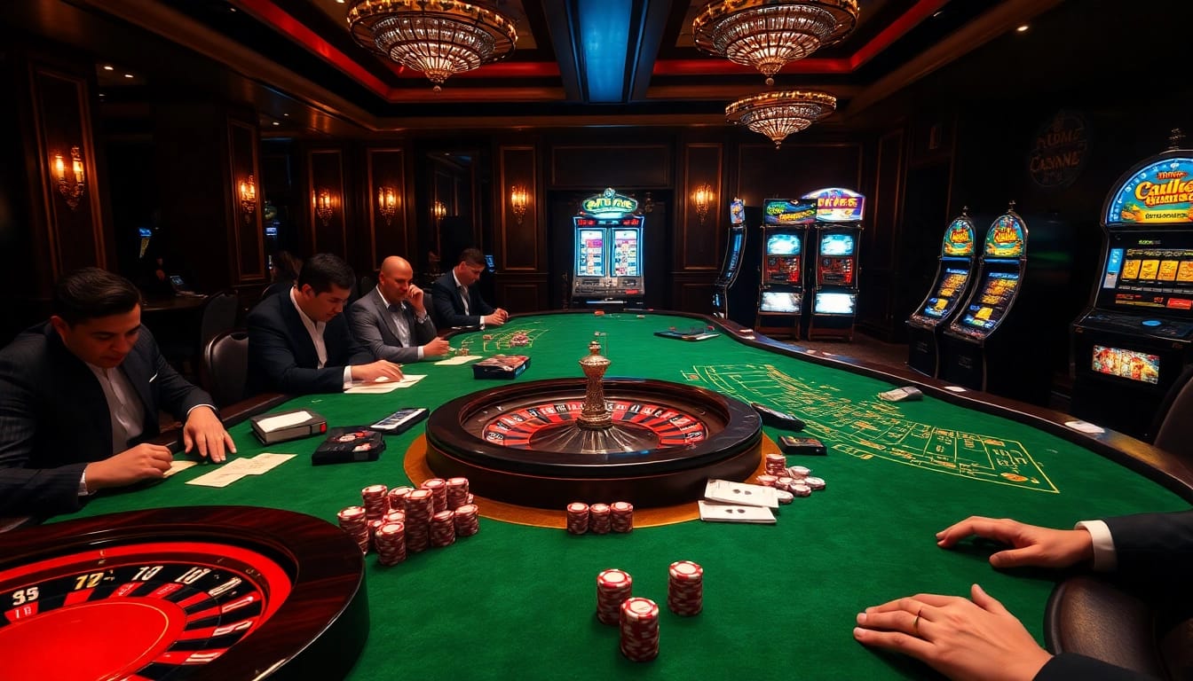 Players strategizing at casino tables in a vibrant atmosphere, showcasing https://da88st.com/ excitement.