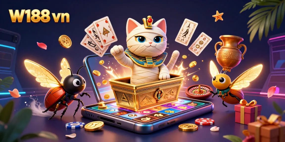 Engage with W188 vn through vibrant casino games featuring a 3D mummy cat and scarab beetle in a dynamic scene.