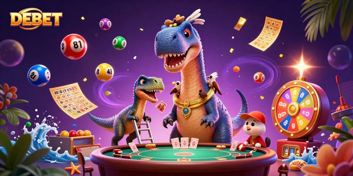 Experience DEBET with a vibrant 3D casino scene featuring dynamic characters and gambling elements.