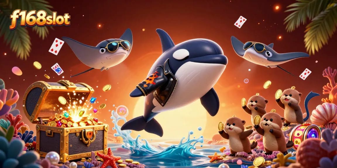 Experience thrilling gaming at f168slot with an orca, stingray, and otters amidst dazzling casino treasures.