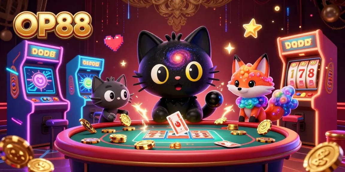 Experience OP88's thrilling atmosphere with vibrant characters and exciting casino action, including slots and cosmic elements.