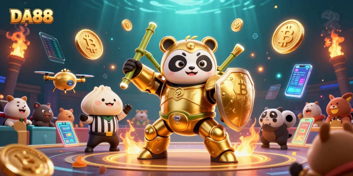 Experience the excitement of DA88 as a golden panda battles in an arena filled with crypto symbols.