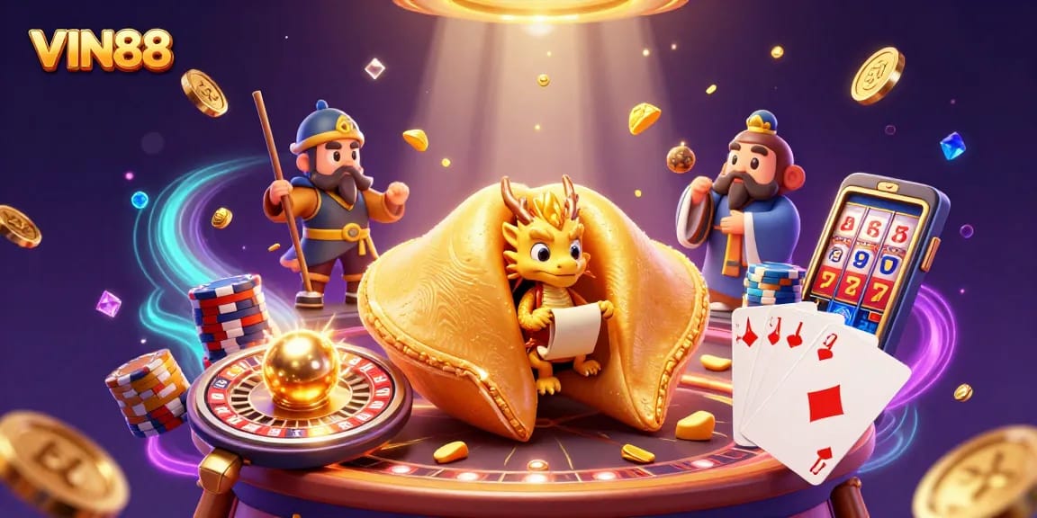 Experience thrilling wins at VIN88 with a magical casino scene featuring dynamic game elements.