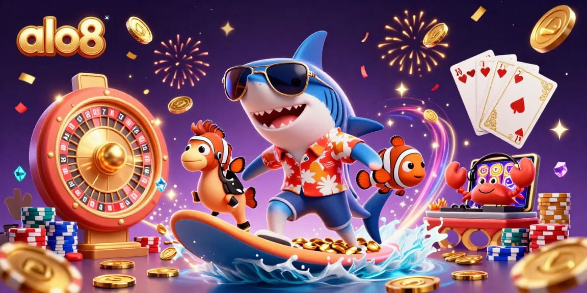 Spin to win at alo8 with a festive underwater casino scene featuring a shark, clownfish, and crab DJ.