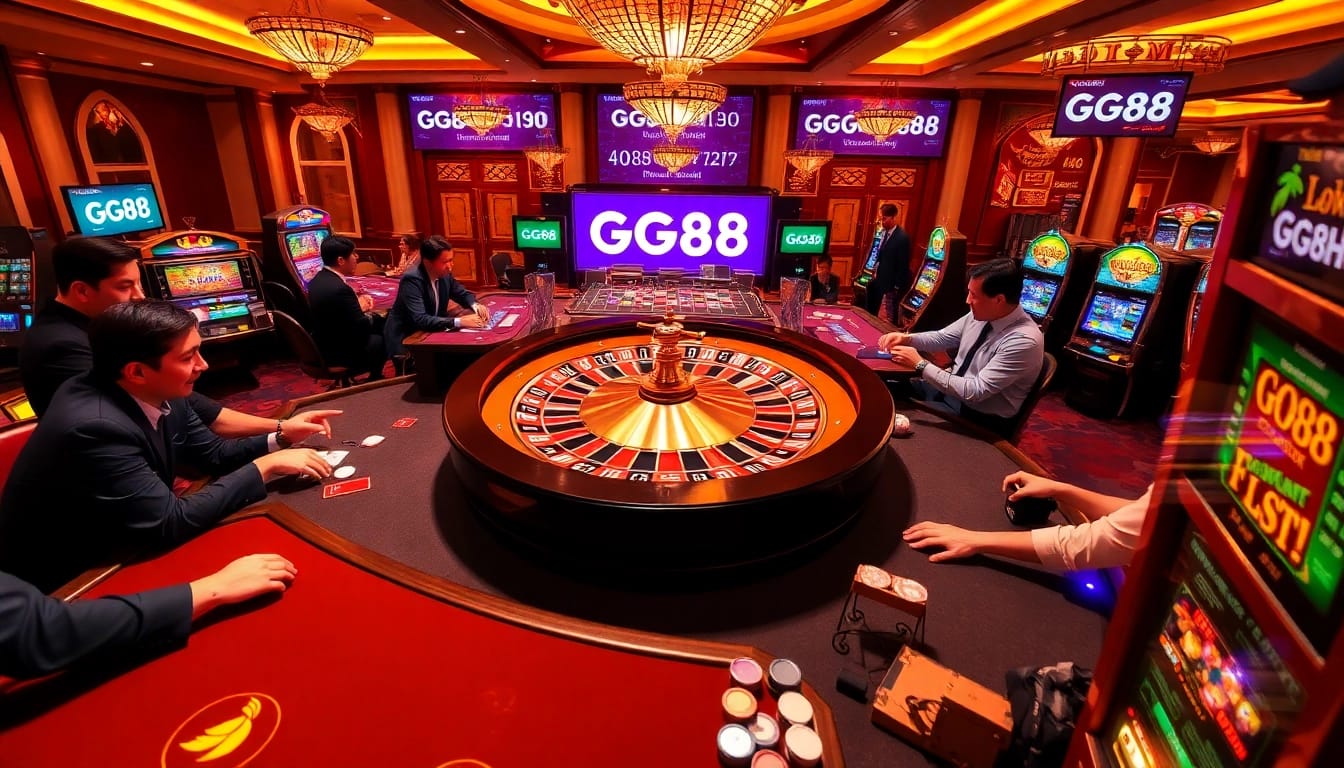 Engaged players at a luxurious GG88 casino enjoying roulette and slot machines.