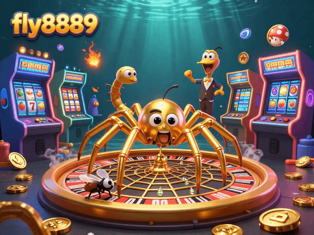 Experience winning at fly8889 with 3D spider and croupier in lively casino scene.