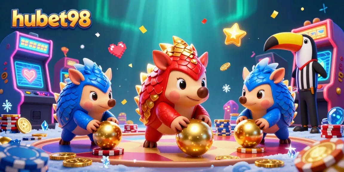 Experience vibrant gaming action with hubet98 as pangolins bowl through poker chips in a lively casino.
