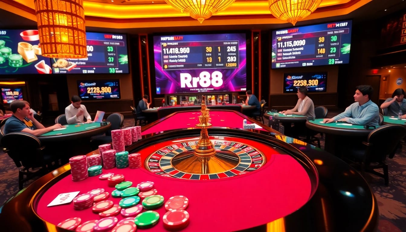 Players enjoying thrilling games at the casino, inspired by https://rr88.bar/ with vibrant poker chips and cards.