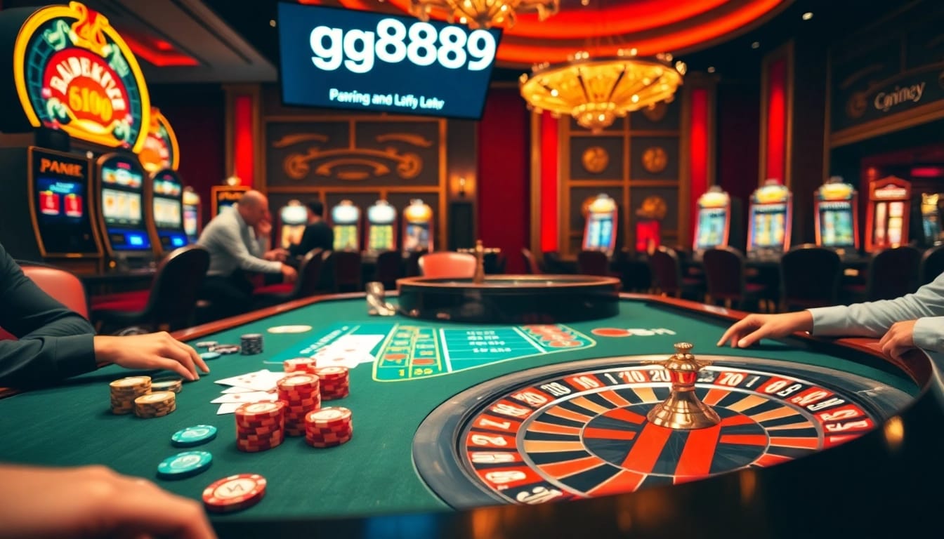 Players enjoying a poker game in a luxury casino setting, highlighting the excitement of gg8889.