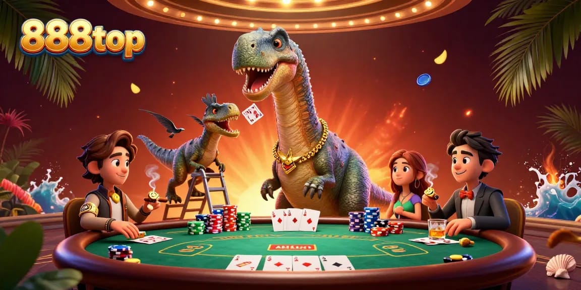 Join the fun at 888top with a towering brontosaurus and clever raptor in this lively casino scene.