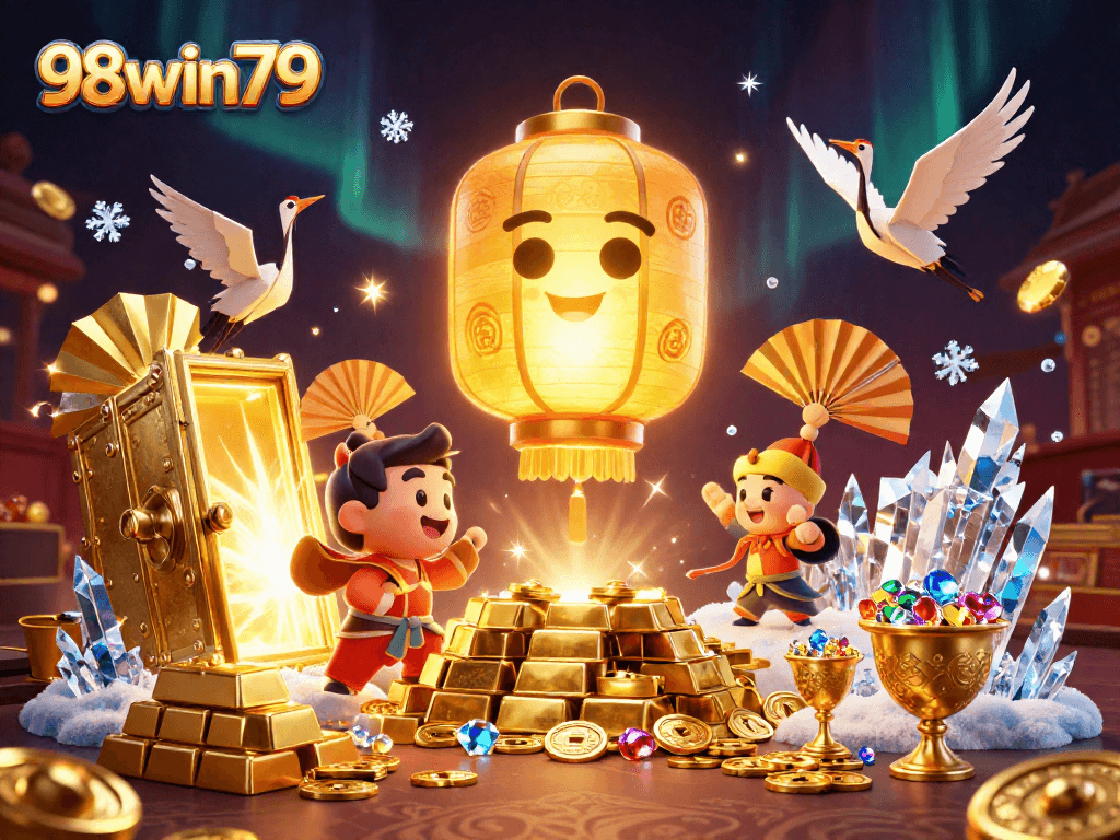 Spin the reels with 98win79; vibrant casino scene showcasing golden treasures and playful spirits.