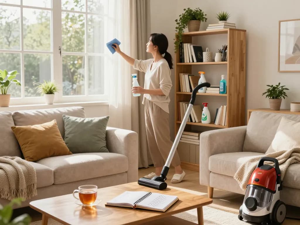 Eco-friendly cleaning in a cozy living room showcasing a clean environment with the keyword zde.