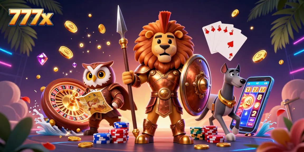 Engage with 777x’s casino excitement featuring dynamic characters immersed in golden coins and a roulette wheel.