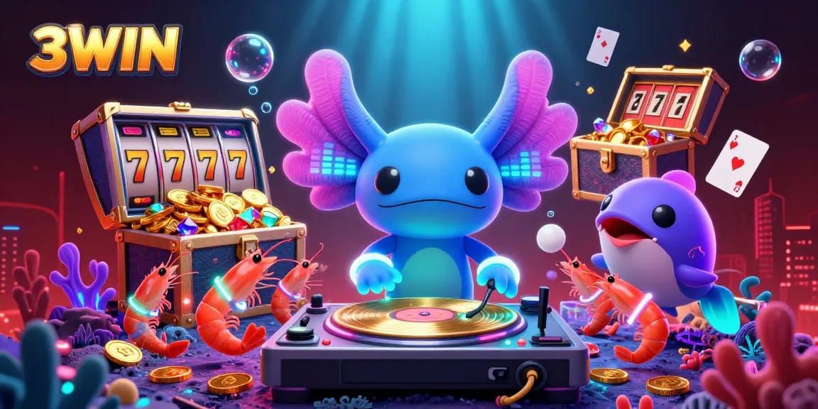 Win big at 3WIN with vibrant casino gaming elements, gold coins, and playful underwater characters.