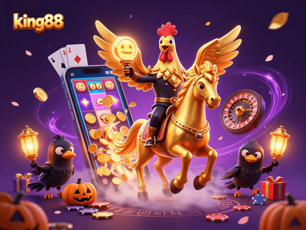 Experience thrilling gaming with king88's golden rooster character in a colorful, dynamic casino scene