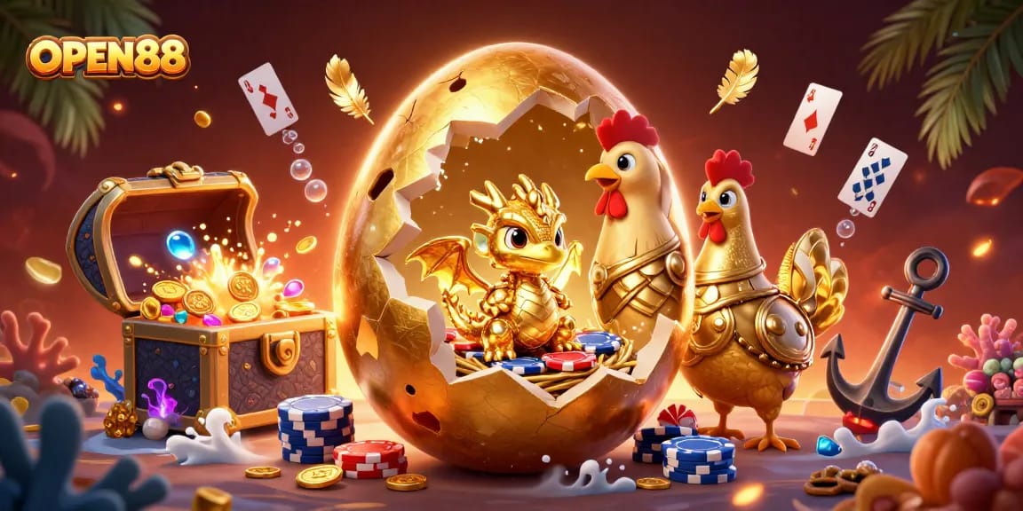 OPEN88 features a golden baby dragon and poker chips, surrounded by vibrant casino-themed elements.