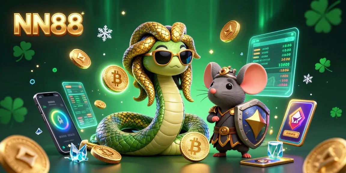 Play and win with NN88 in this vibrant 3D casino scene featuring friendly characters and rich gaming elements.