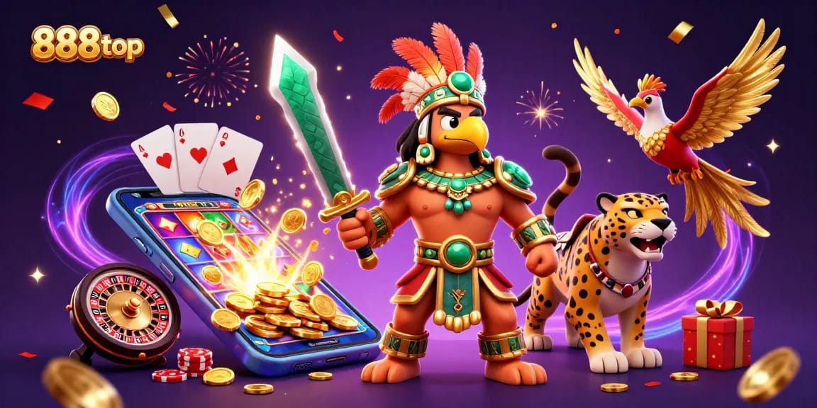 Experience the excitement of gaming with 888top’s vibrant depiction of Aztec warriors amidst casino elements.