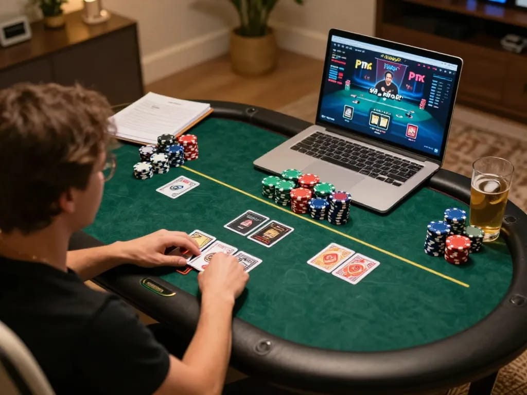Engaging online poker game scene showcasing link rr88 on a laptop, capturing dynamic gameplay moments.
