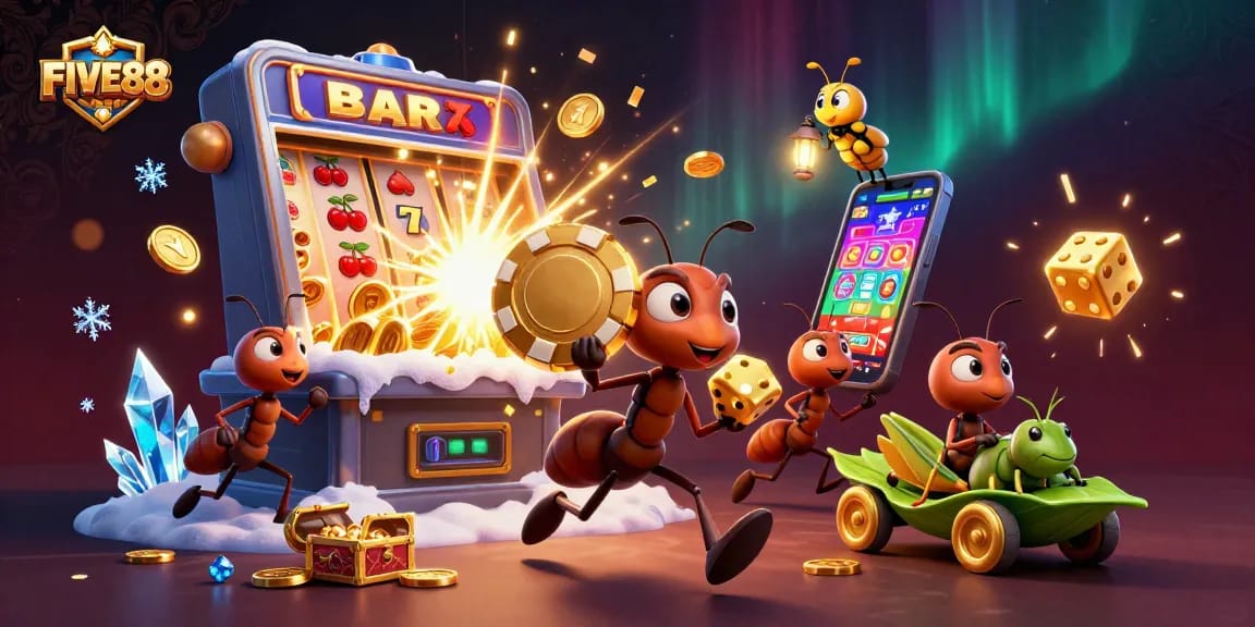 Experience the thrill of FIVE88 as animated ants embark on a gold heist amidst dazzling casino elements.