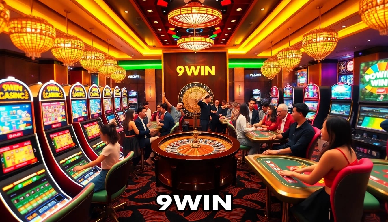 Exciting scene of players engaging in games at the 9WIN casino with vibrant slot machines.