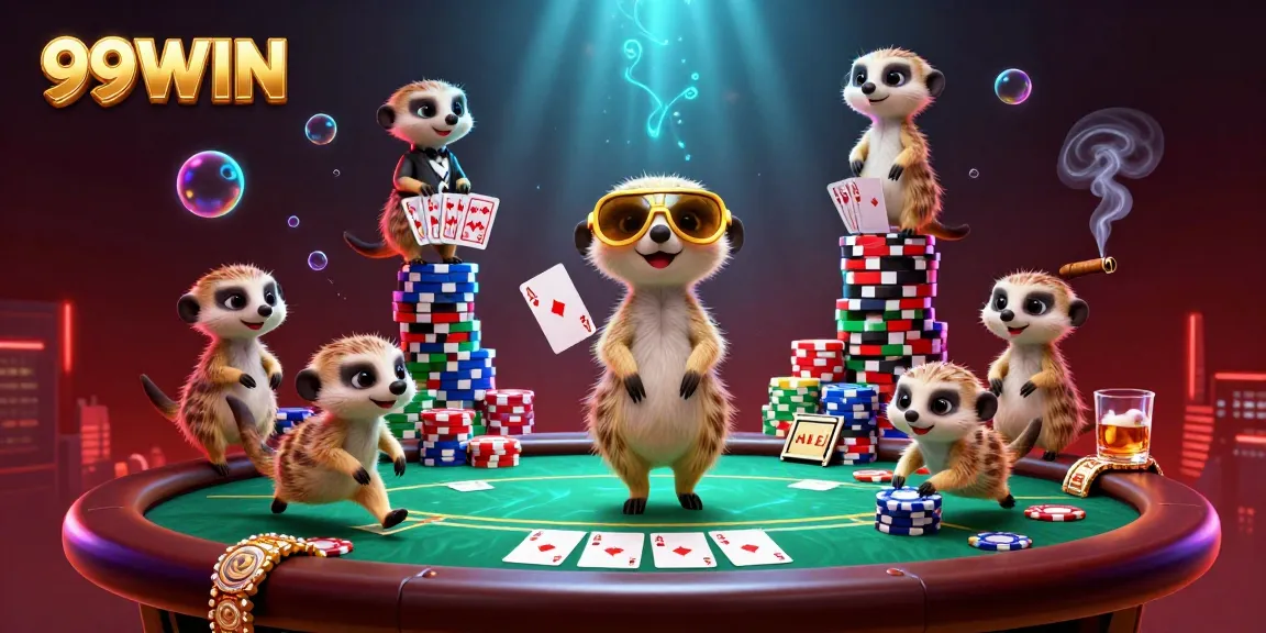 Experience thrilling gameplay at 99WIN with a vibrant 3D casino scene featuring meerkats and poker elements.