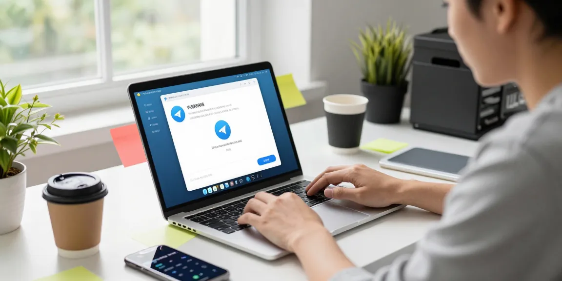 Telegram Chinese interface setup in a modern workspace with user engaged on a laptop.