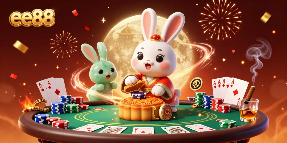 ee88 showcases a vibrant casino scene with a cartoon moon rabbit, poker chips, and festive confetti.