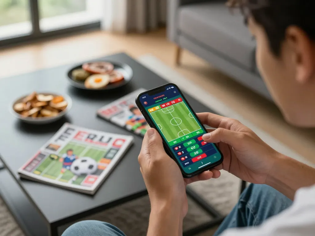 Person analyzing tỷ lệ bóng đá kèo nhà cái while placing bets on football matches using smartphone in a comfortable setting.