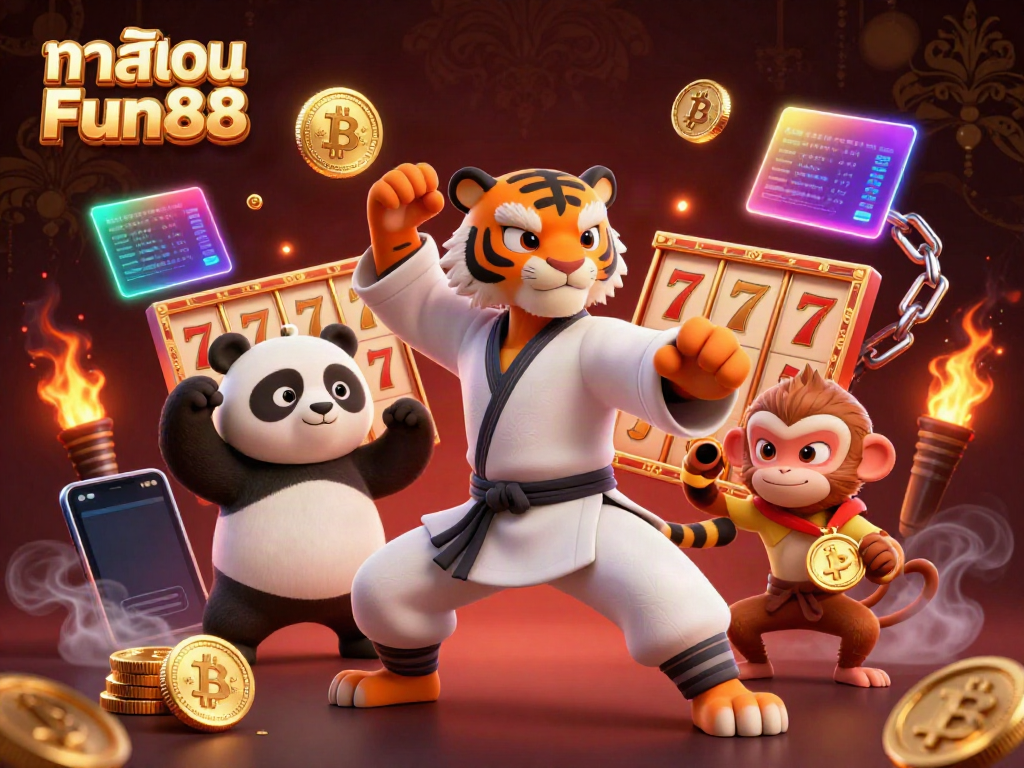 Engage with คาสิโน Fun88 through an action-packed scene with animated characters in a vibrant casino setting.
