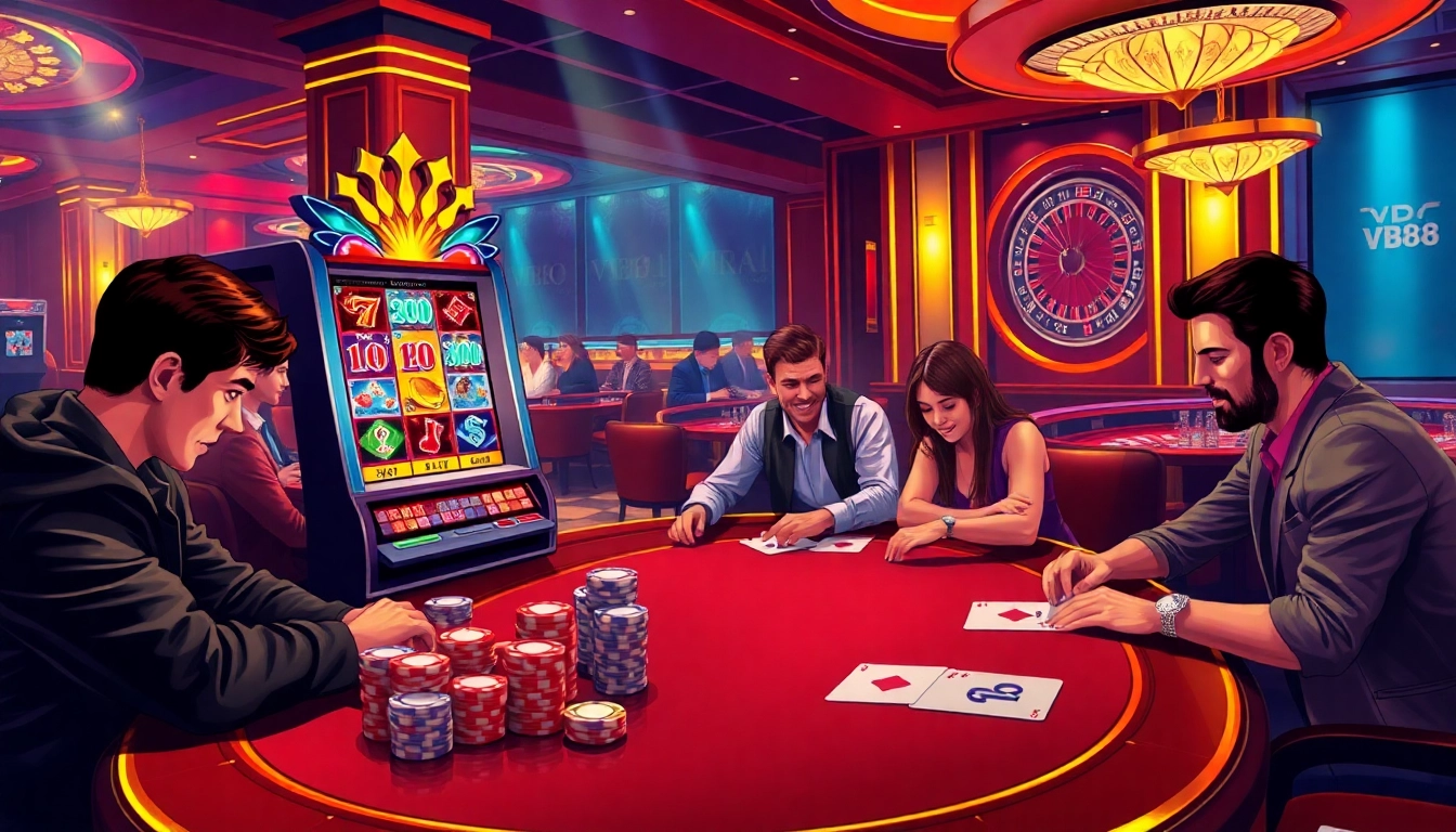Players strategizing during a thrilling game at the VB88 high-stakes poker table in a luxurious casino.