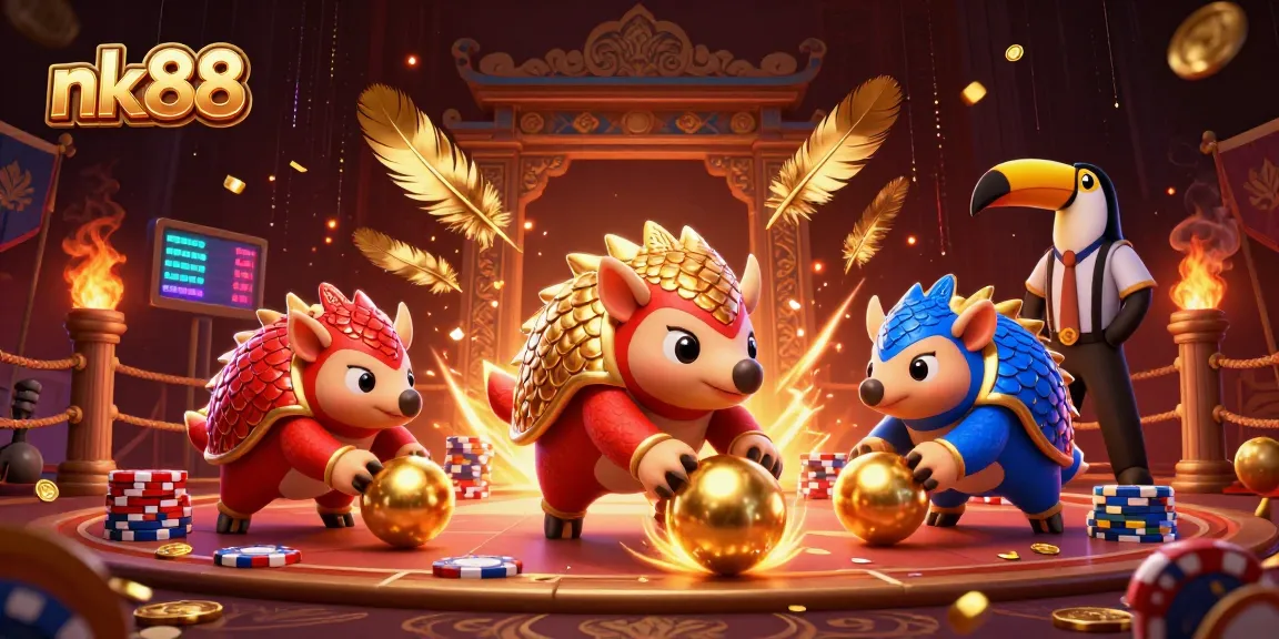 nk88 pangolins compete in a vibrant casino scene filled with shimmering poker chips.
