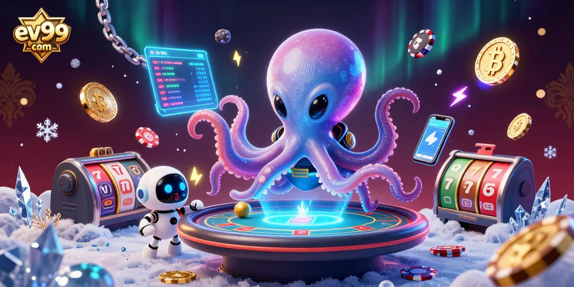 Experience thrilling gaming at ev99 com with a vibrant alien octopus at a poker table.