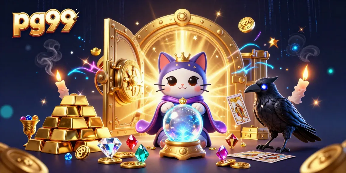 Experience the magic at pg99 with a dynamic illustration showcasing fortune, luck, and treasure.