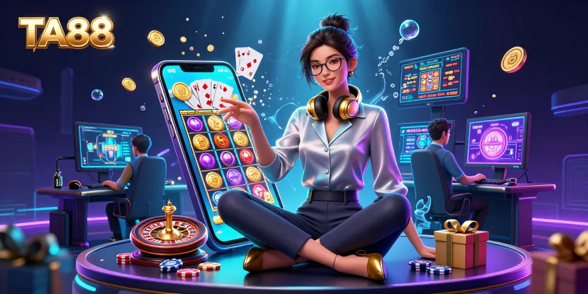 Engage with TA88 while enjoying an exciting gaming setup filled with casino games, coins, and cards.
