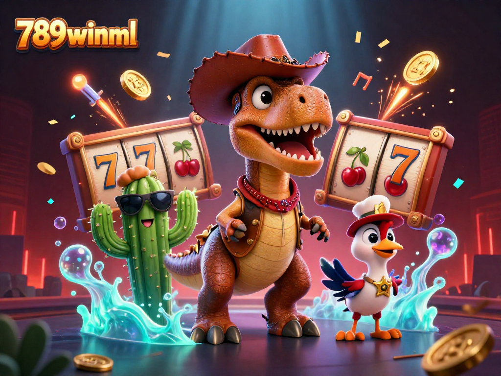 Experience exciting gameplay at 789winml with a dynamic 3D scene featuring T-Rex and casino symbols.