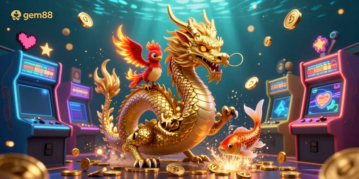 Experience the thrill of winning at gem88 with a vibrant 3D illustration featuring a dragon, phoenix, and koi fish.