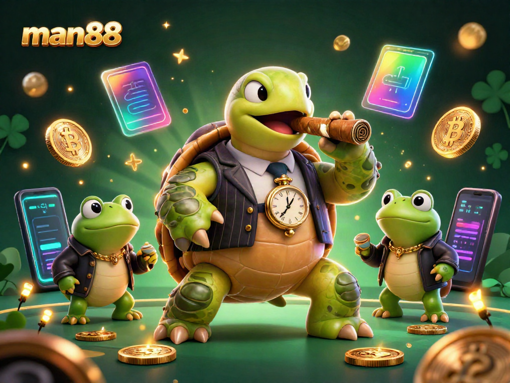 Experience the excitement at man88 with a lively casino scene featuring a snapping turtle and bullfrogs
