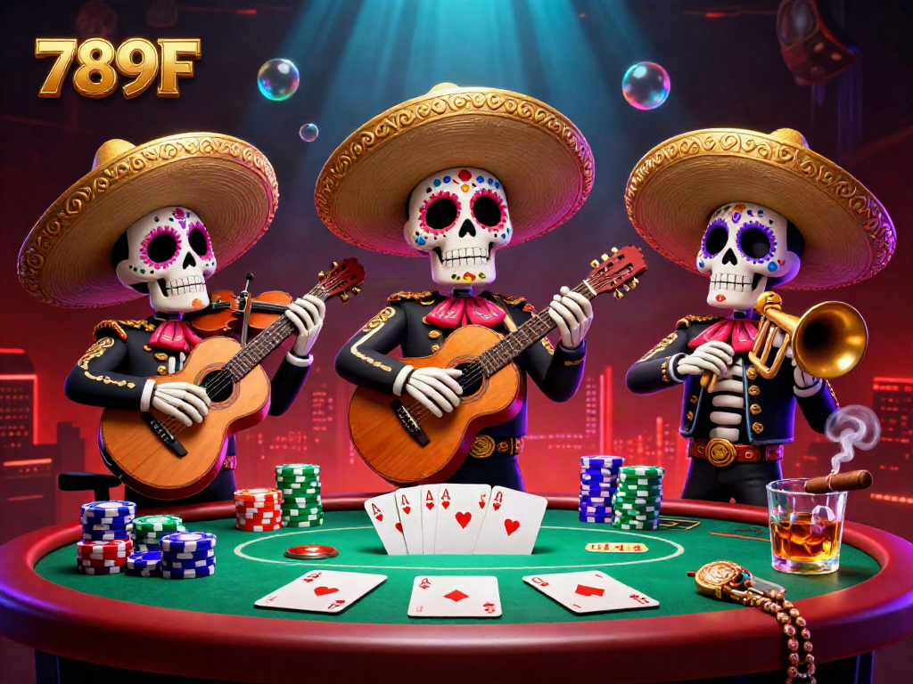Engage in thrilling poker action with 789F's vibrant casino atmosphere, featuring a lively mariachi band.