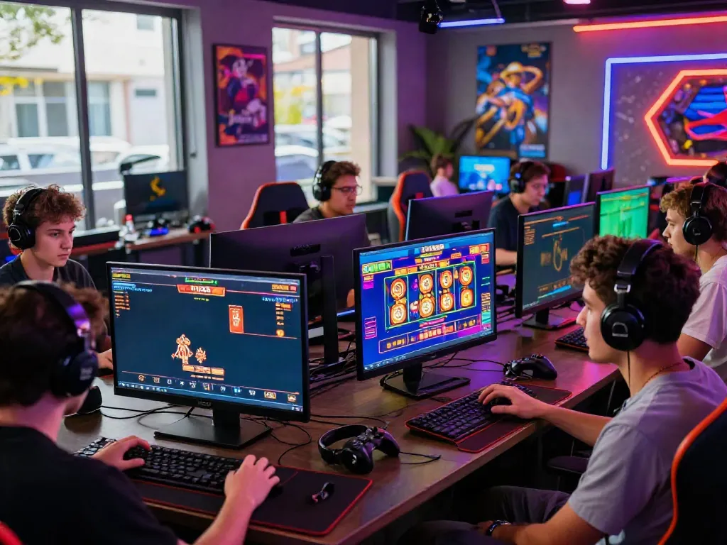Engaging gaming session on https://five88bet.org/ with diverse players in a vibrant lounge.