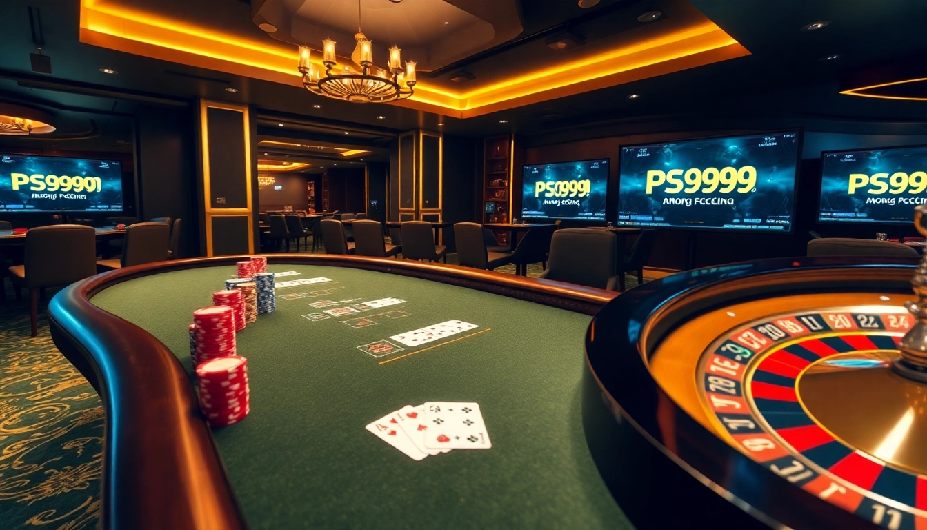Players engaged in high-stakes poker at PS99COM casino, showcasing vibrant chips and cards.