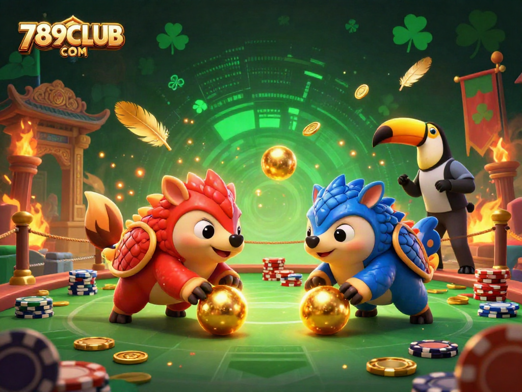 Experience the thrilling atmosphere of 789CLUB COM as vibrant rival pangolins create excitement by rolling golden balls and bowling through poker chips.