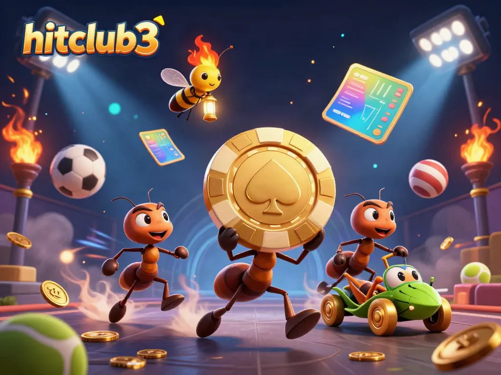 Experience thrilling wins at hitclub3 with dynamic imagery of ants on a heist with poker chips.