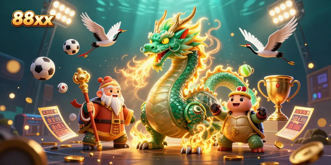 Experience thrilling gameplay at 88xx with a majestic dragon and lucky symbols in a vibrant casino illustration.