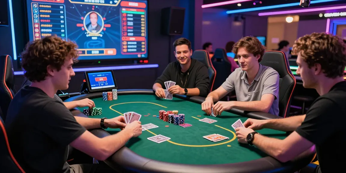 Exciting online poker session with gamers at a vibrant table featuring hm88 branding, colorful chips, and advanced technology in a virtual casino.