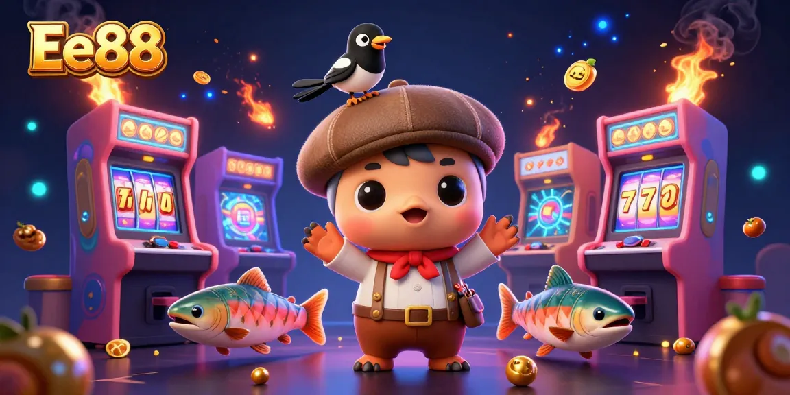 Engage with Ee88's vibrant casino scene featuring cartoon Nessie and slot reels for thrilling wins.