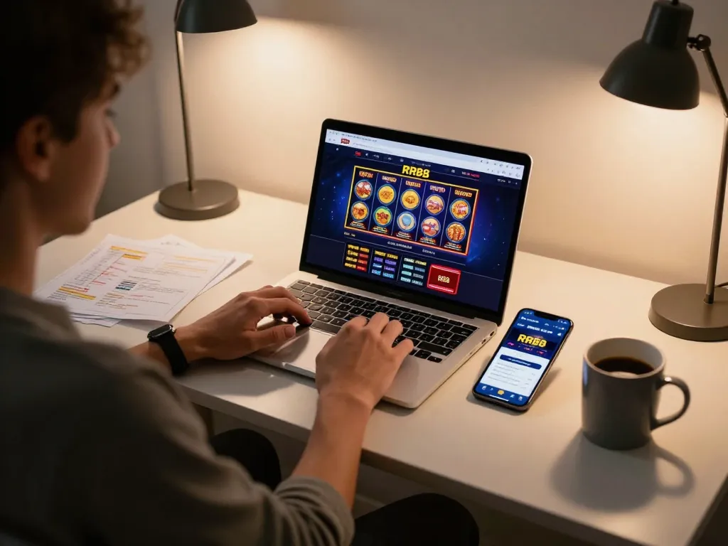 Playing exciting casino games on RR88 at home with a laptop and smartphone setup