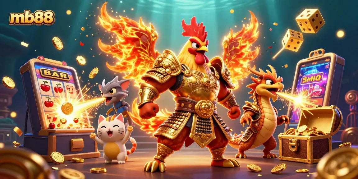 Spin and win with mb88 at an exhilarating casino scene featuring vibrant slot machine action and animated characters.